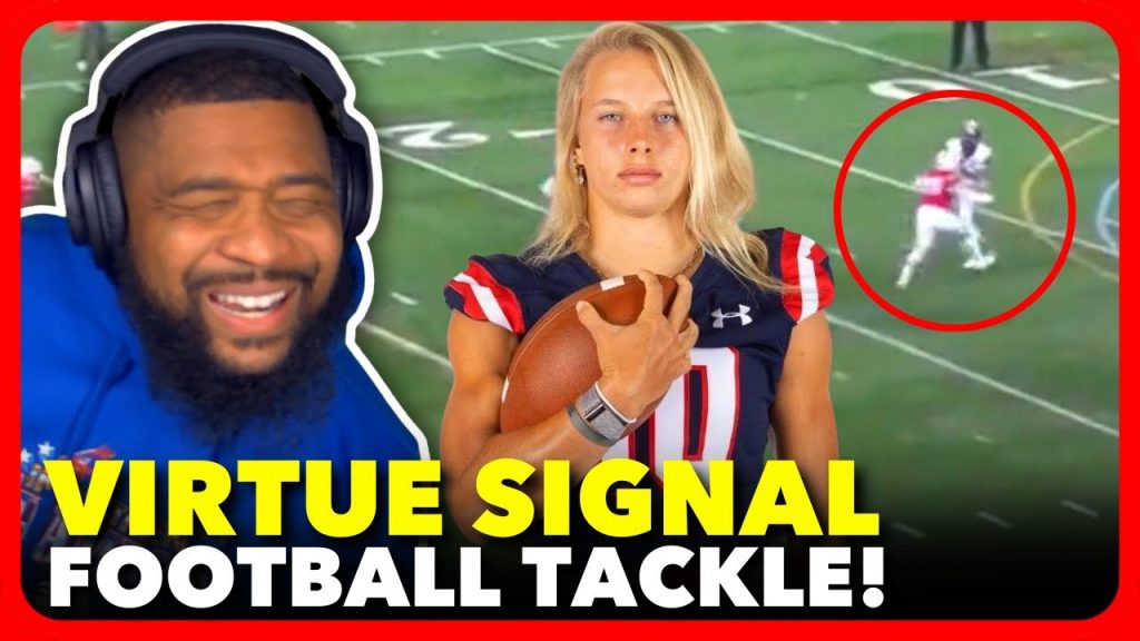 Girl GETS EMBARRASSED In WOKE College Football Publicity Stunt BARELY Tackling Male Quarterback!